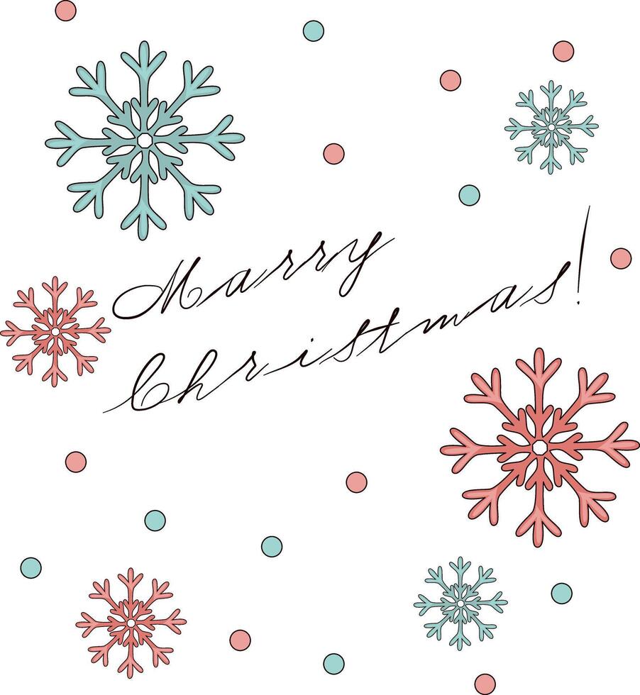 Merry Christmas greeting card. New year greeting with blue and red snowflakes and lettering vector
