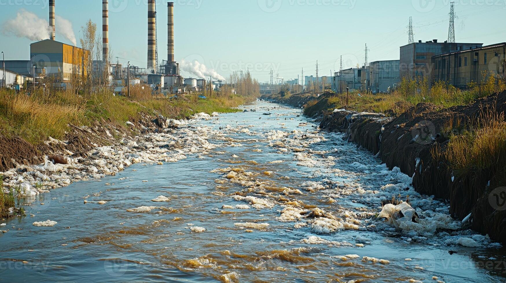 A polluted river flows through an industrial area, highlighting the environmental impact of factories. photo