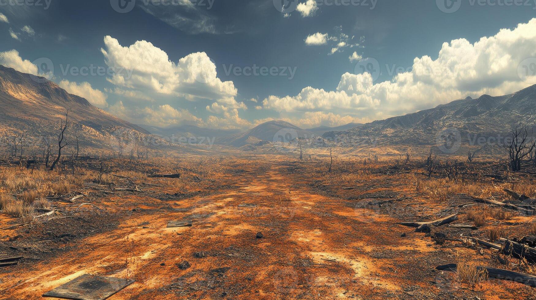 A desolate landscape after a wildfire, with scorched earth and mountains in the background. photo