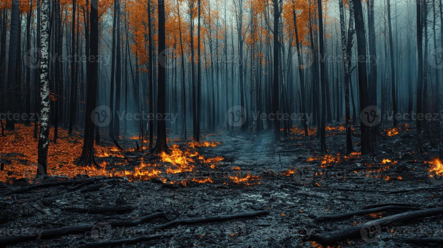 A forest fire burns in the undergrowth of a dense forest, sending smoke into the air. photo
