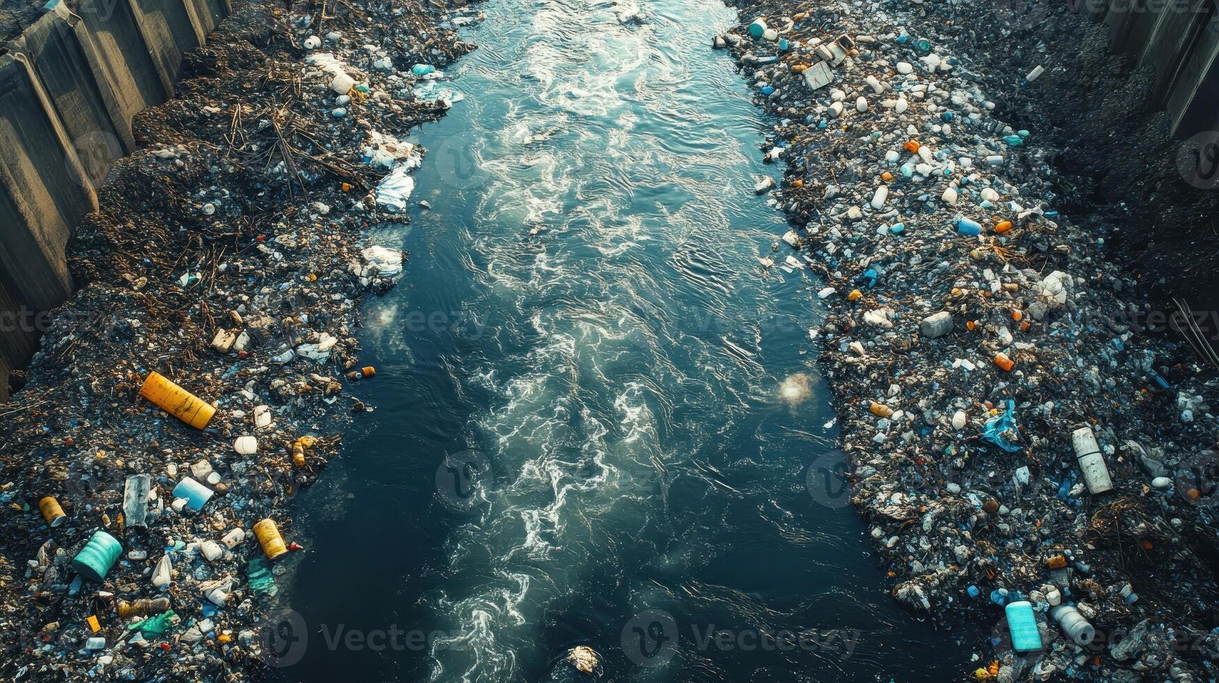A river choked with plastic and other debris, a stark reminder of pollution. photo