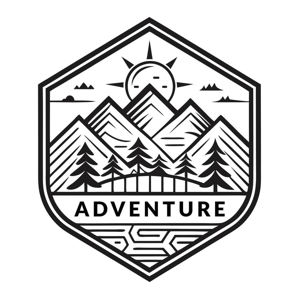 Sunset and sky view of a pyramid of mountains for t-shirt print adventure logo. vector