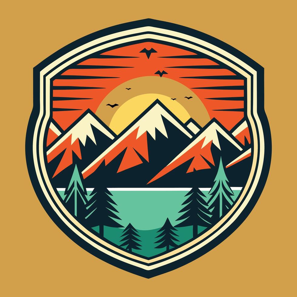 Adventure logo icon of a pyramid landscape with sunset and mountains view for t-shirt print. vector