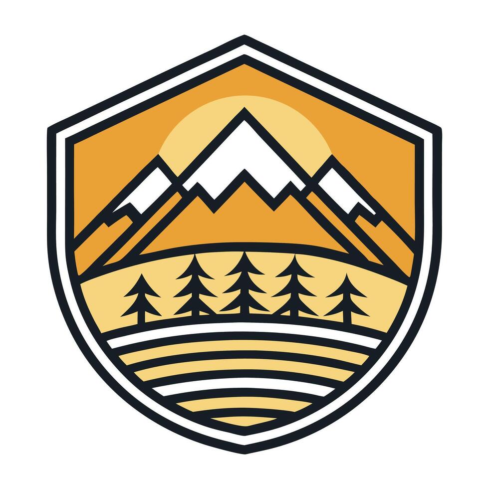 T-shirt print featuring a pyramid of mountains with sunset and sky view. vector