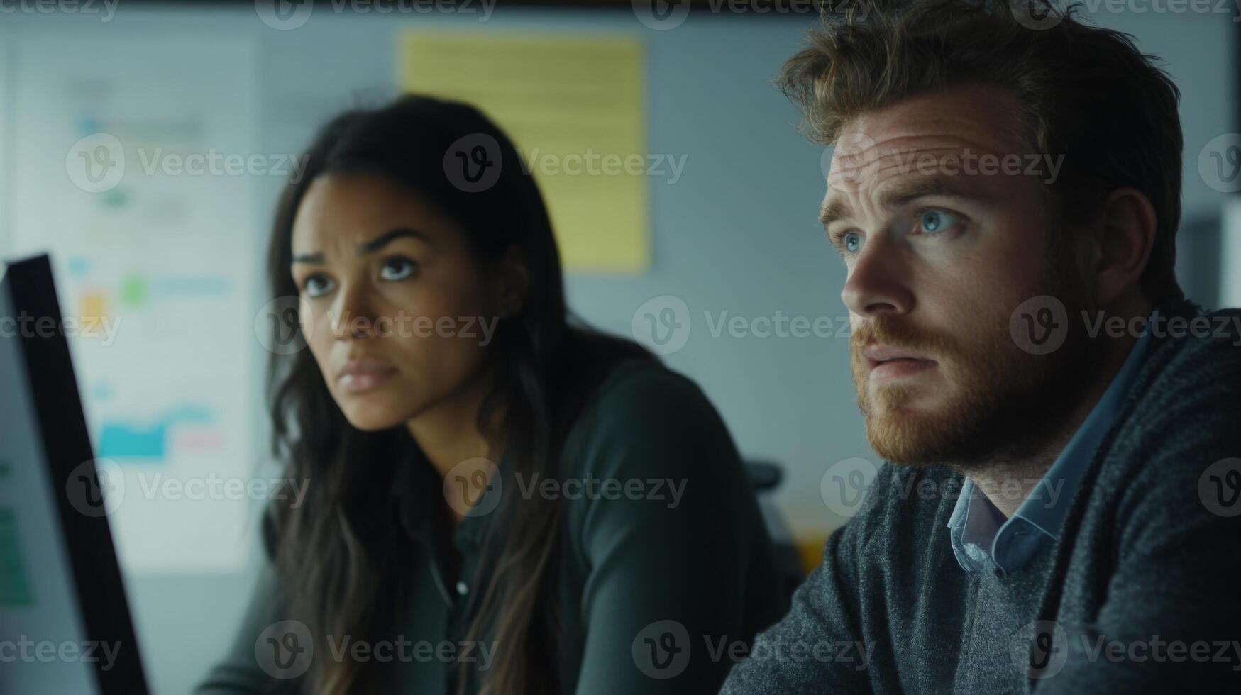 Two coworkers sitting at a desk with an open computer, discussing a project with serious yet friendly expressions photo
