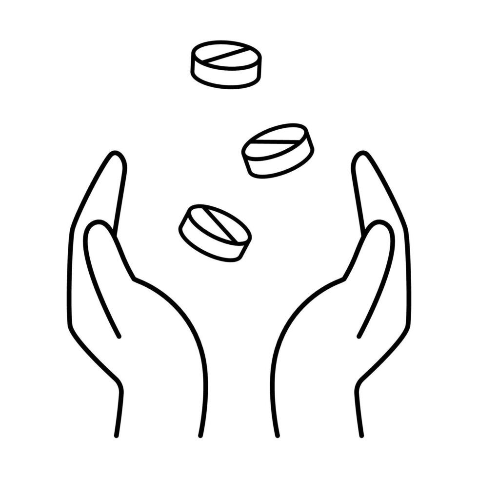 Silhouette of a hand with falling pills, clean outline icon for pharmaceutical themes vector