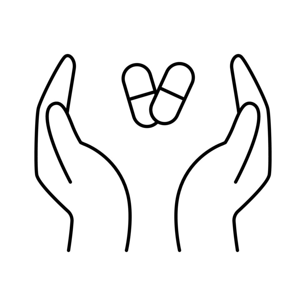 Contour drawing of a hand holding medical capsules, medical treatment icon in a simple outline vector