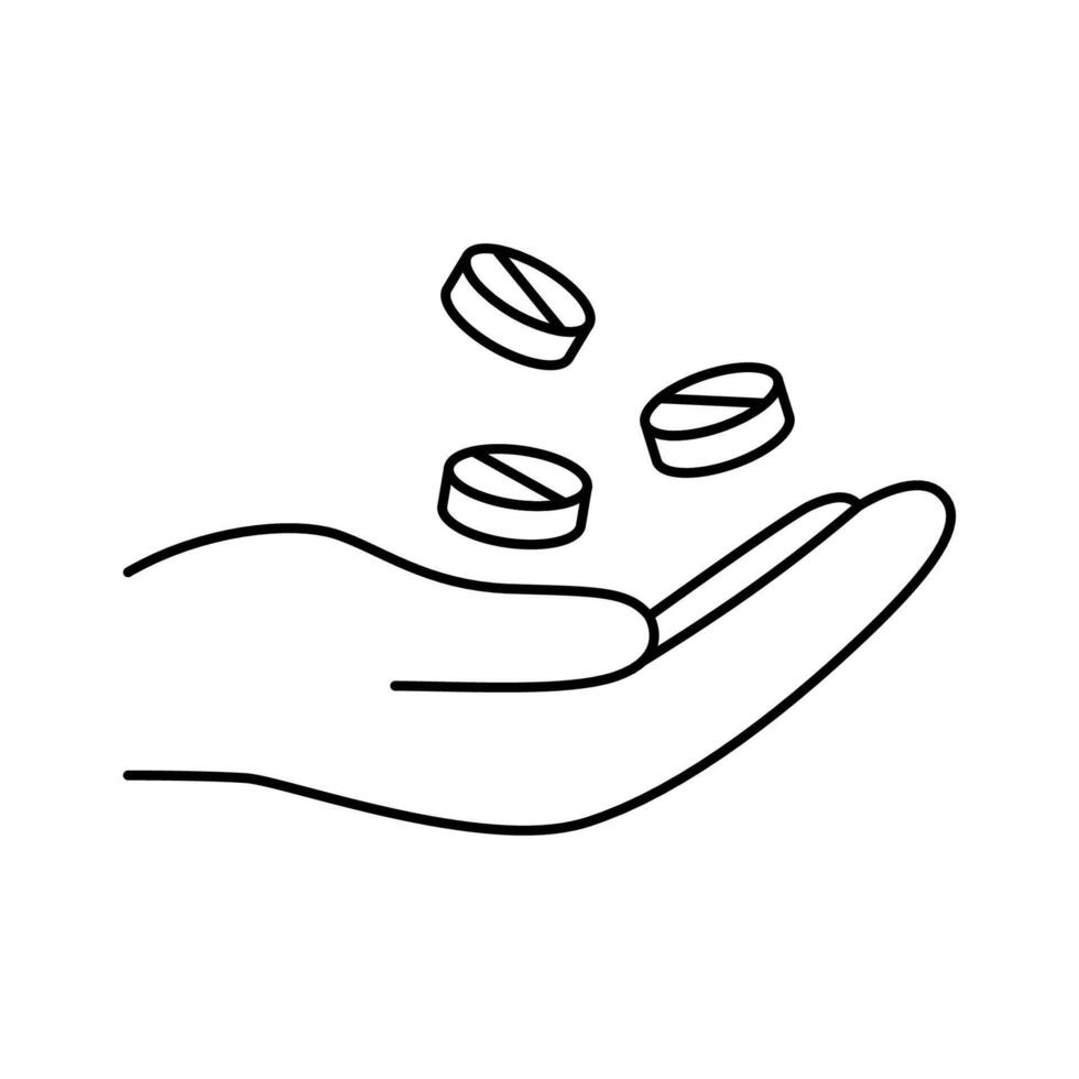 Hand holding pills icon, minimalist contour design, medical concept outline illustration vector