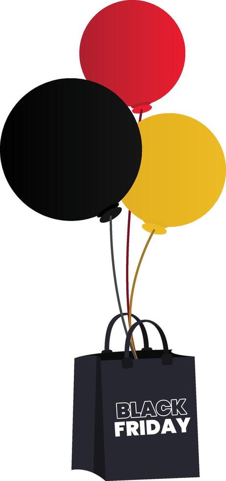 Black Paper Bag with Black Friday Words Hanging on Three Colorful Balloons on White Background vector