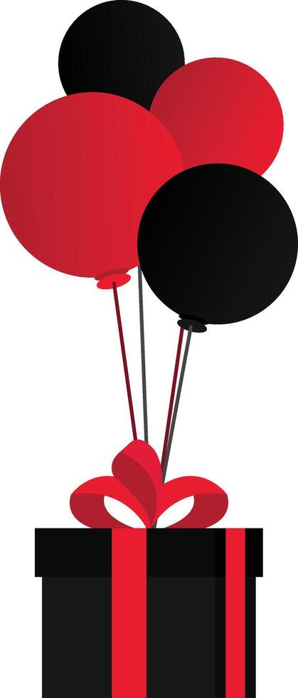 Black Gift Box with Red Ribbon Hanging on Black and Red Balloons on White Background vector