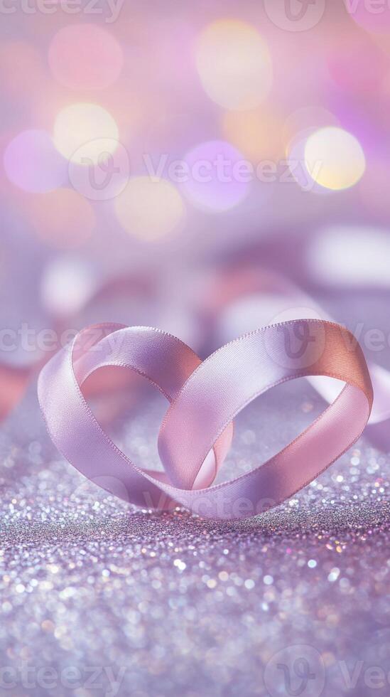Two intertwined hearts created from delicate satin ribbon, placed on a silver glittering surface with soft pink and purple bokeh in the background photo