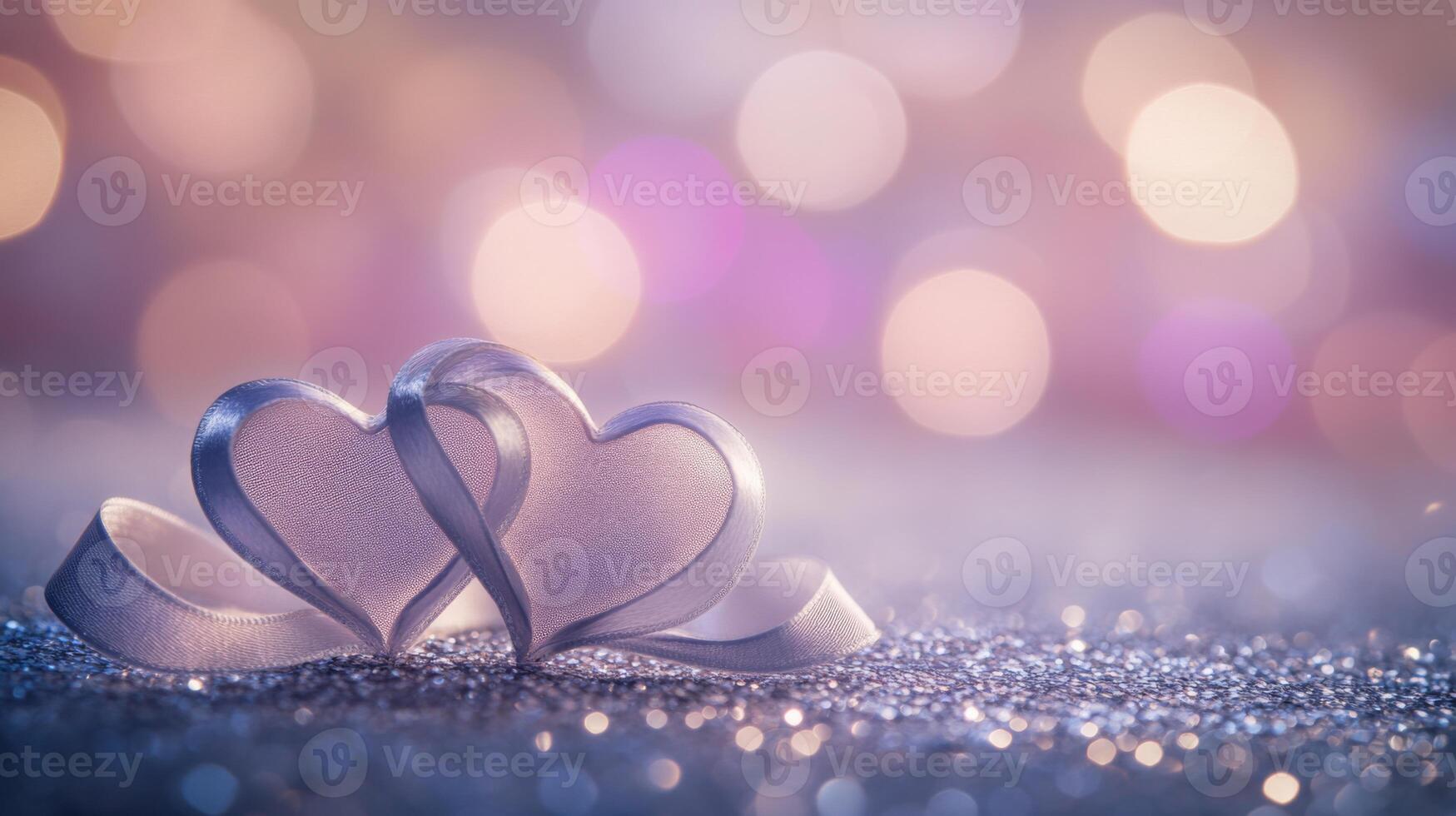 Two intertwined hearts created from delicate satin ribbon, placed on a silver glittering surface with soft pink and purple bokeh in the background photo