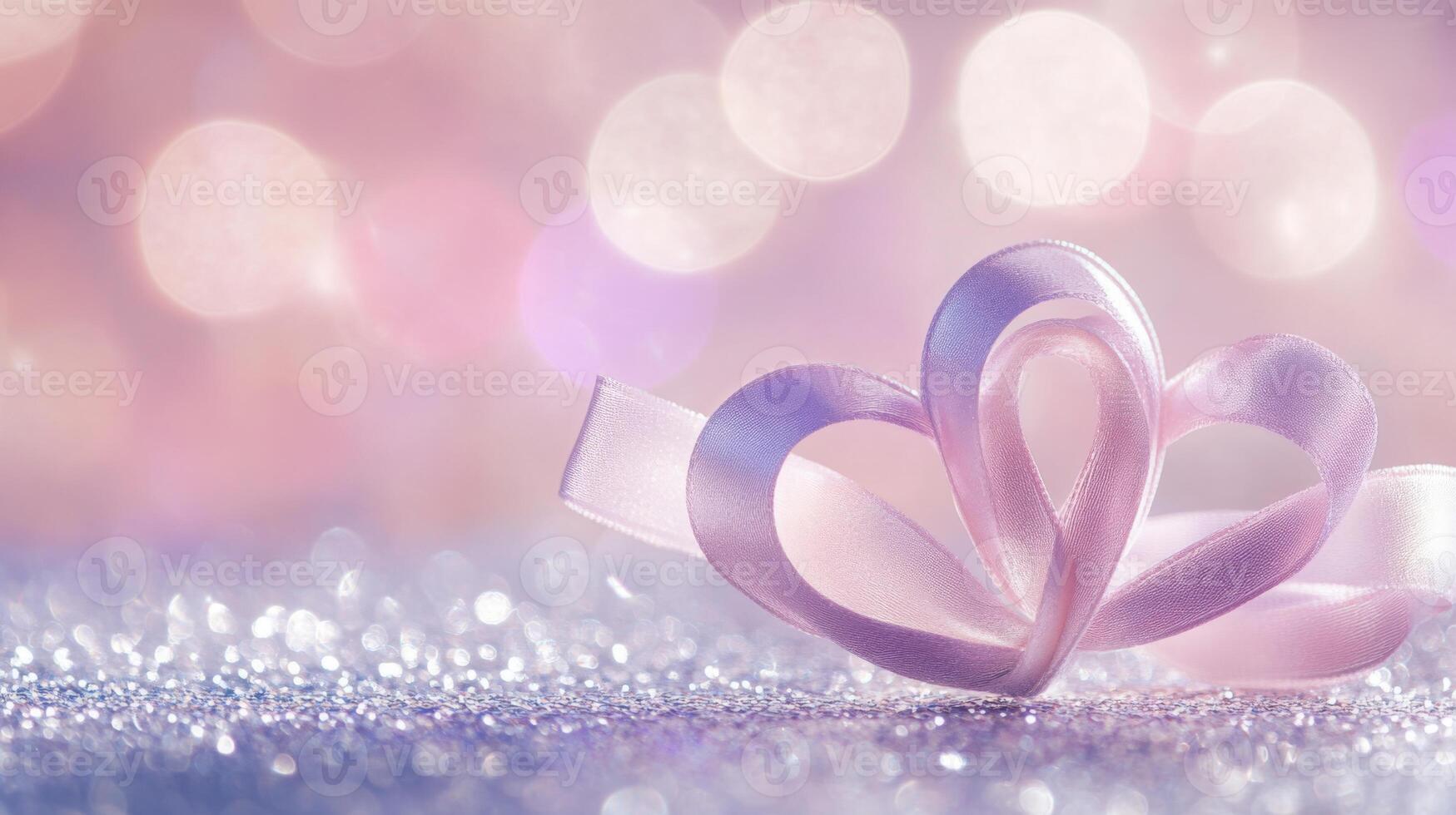 Two intertwined hearts created from delicate satin ribbon, placed on a silver glittering surface with soft pink and purple bokeh in the background photo