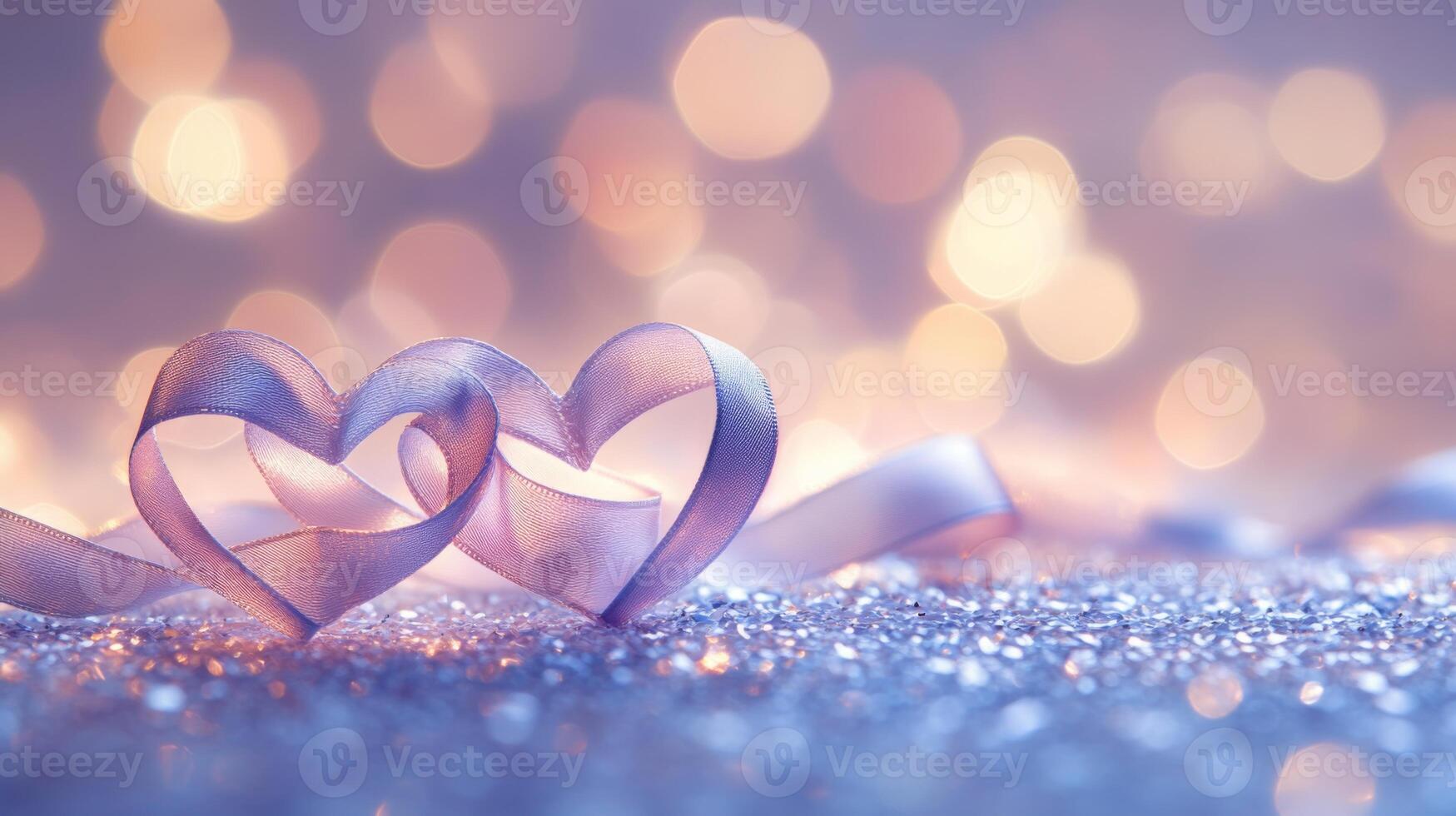 A pair of ribbon hearts forming elegant curves on a silver sparkling surface, gentle light bokeh with romantic heart shapes in the background, calm pastel hues photo