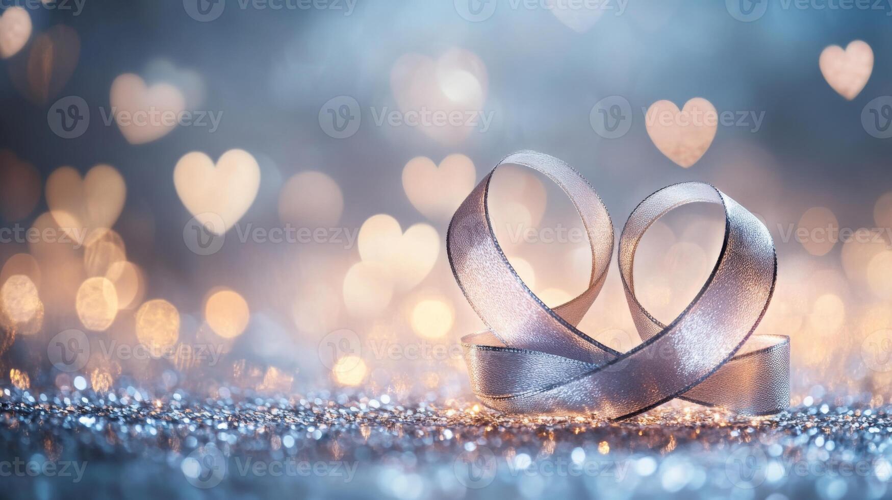 A delicate ribbon twisted into two heart shapes, set against a shimmering silver background, surrounded by glowing heart bokeh and fairy lights, subtle romantic tones photo