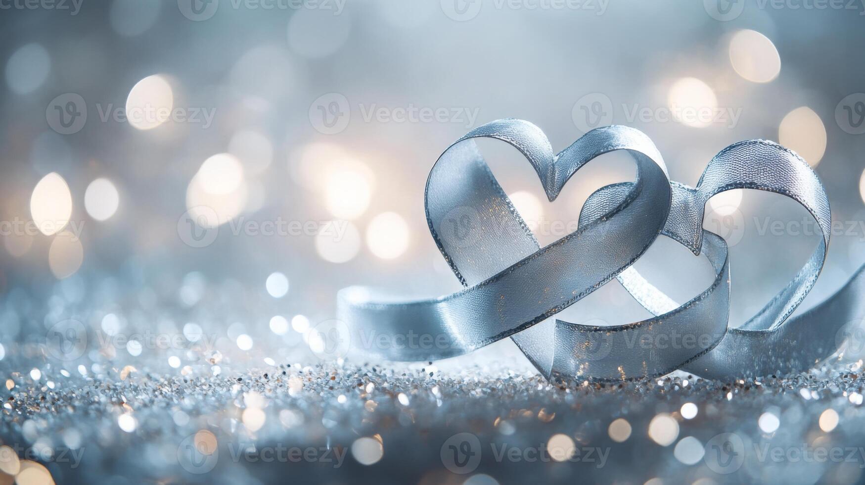 A delicate ribbon twisted into two heart shapes, set against a shimmering silver background, surrounded by glowing heart bokeh and fairy lights, subtle romantic tones photo