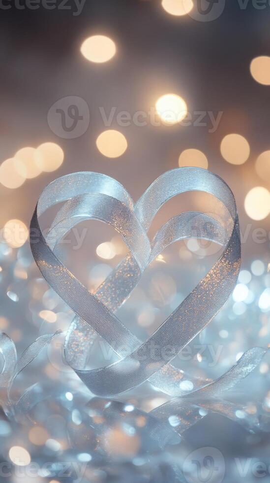 A delicate ribbon twisted into two heart shapes, set against a shimmering silver background, surrounded by glowing heart bokeh and fairy lights, subtle romantic tones photo