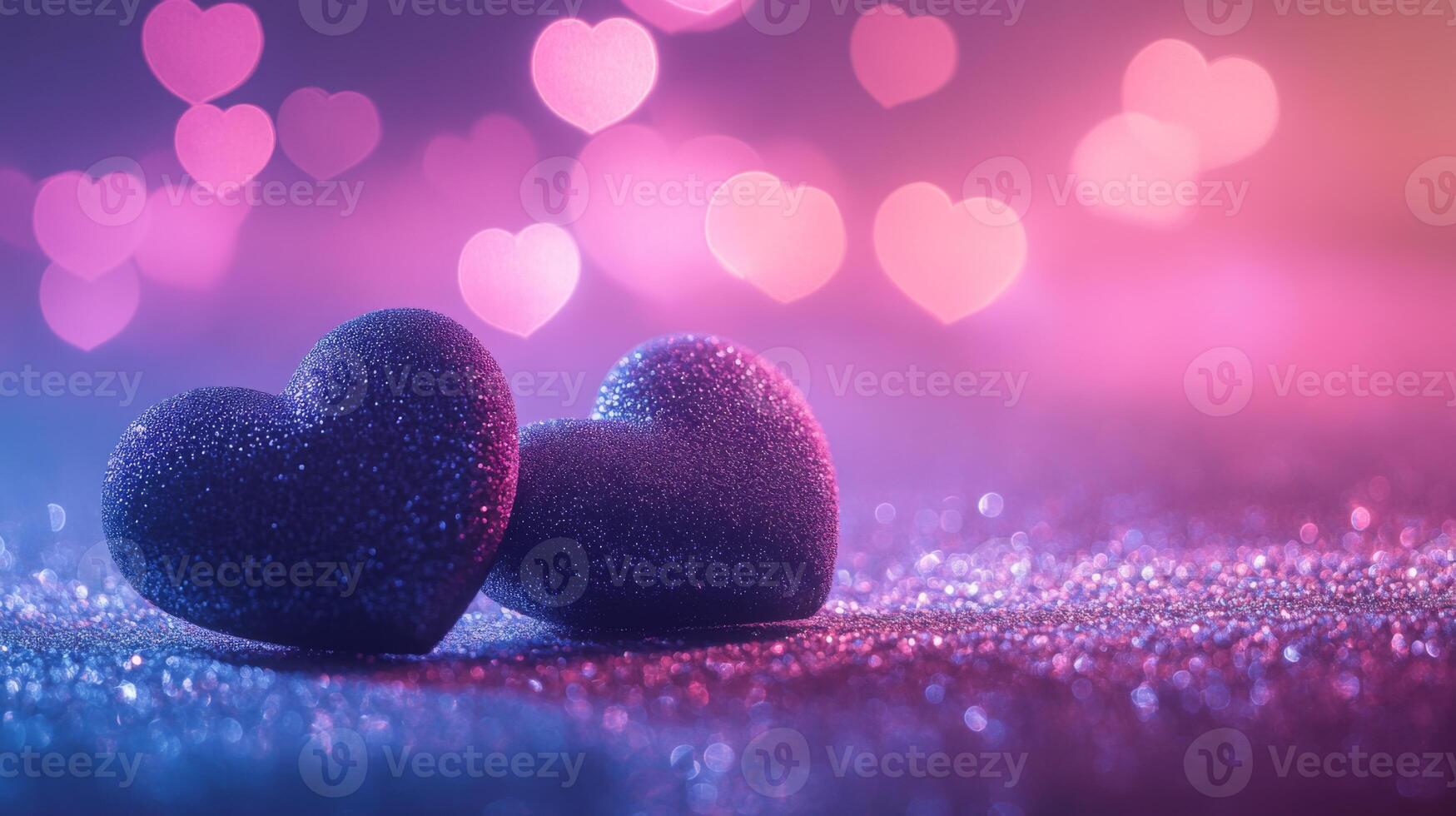 Two soft velvet hearts resting on a sparkling glitter surface, surrounded by glowing heart bokeh in the background, dreamy atmosphere with pink and purple tones photo