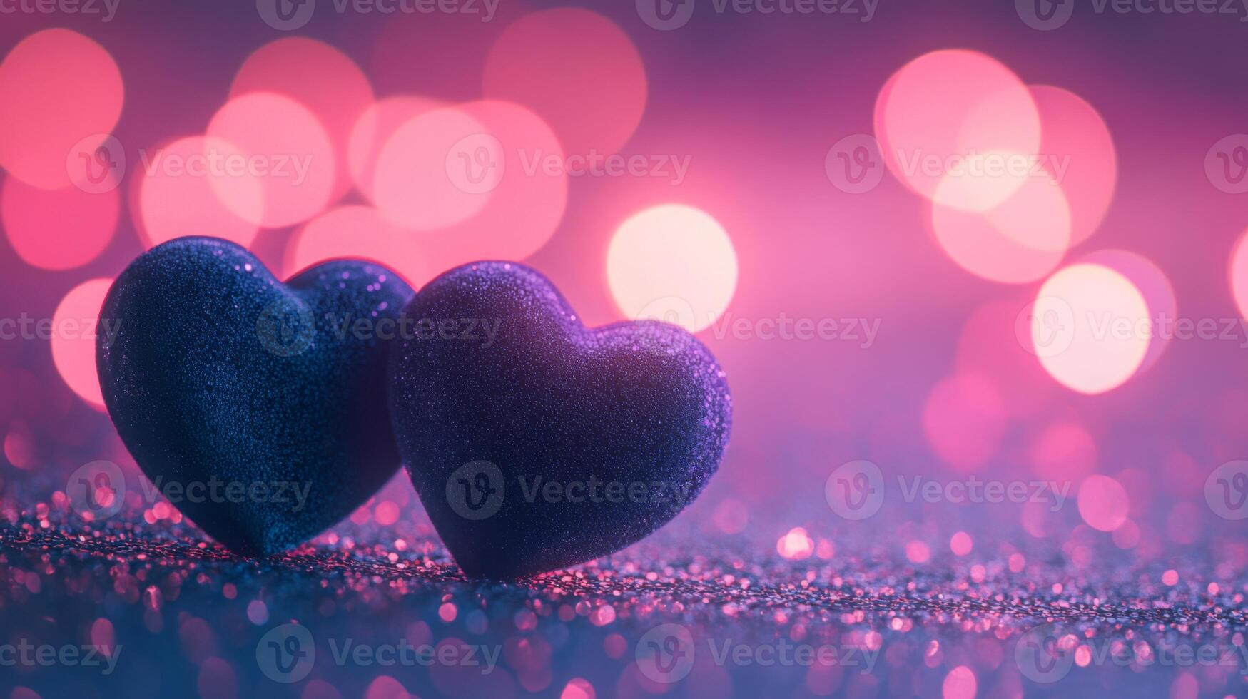 Two soft velvet hearts resting on a sparkling glitter surface, surrounded by glowing heart bokeh in the background, dreamy atmosphere with pink and purple tones photo