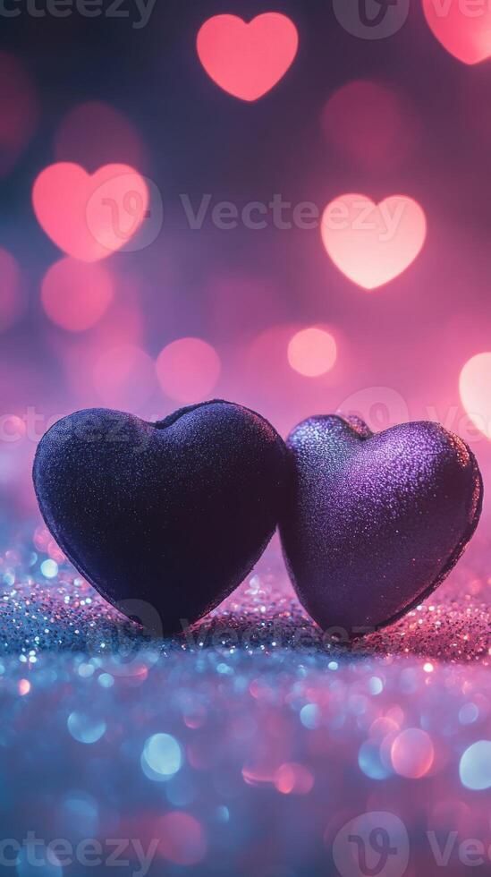Two soft velvet hearts resting on a sparkling glitter surface, surrounded by glowing heart bokeh in the background, dreamy atmosphere with pink and purple tones photo