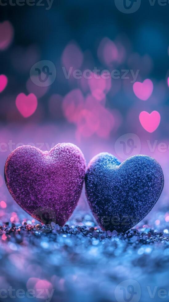 Two soft velvet hearts resting on a sparkling glitter surface, surrounded by glowing heart bokeh in the background, dreamy atmosphere with pink and purple tones photo