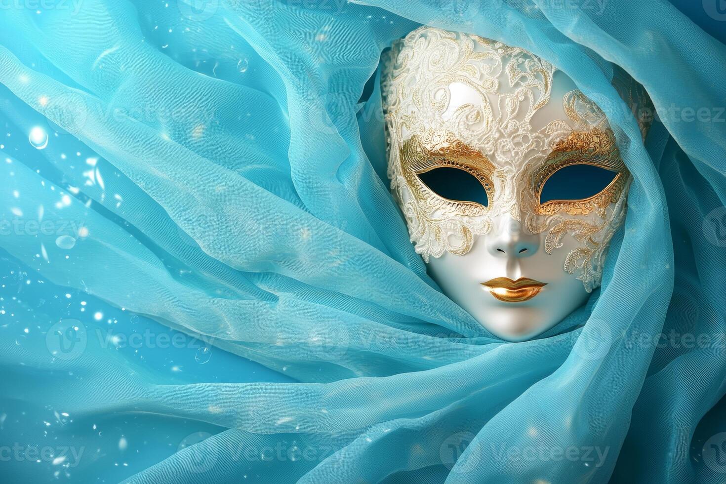 Elegant venetian mask draped in flowing blue fabric with delicate gold accents with copy space. Mardi Gras.. photo