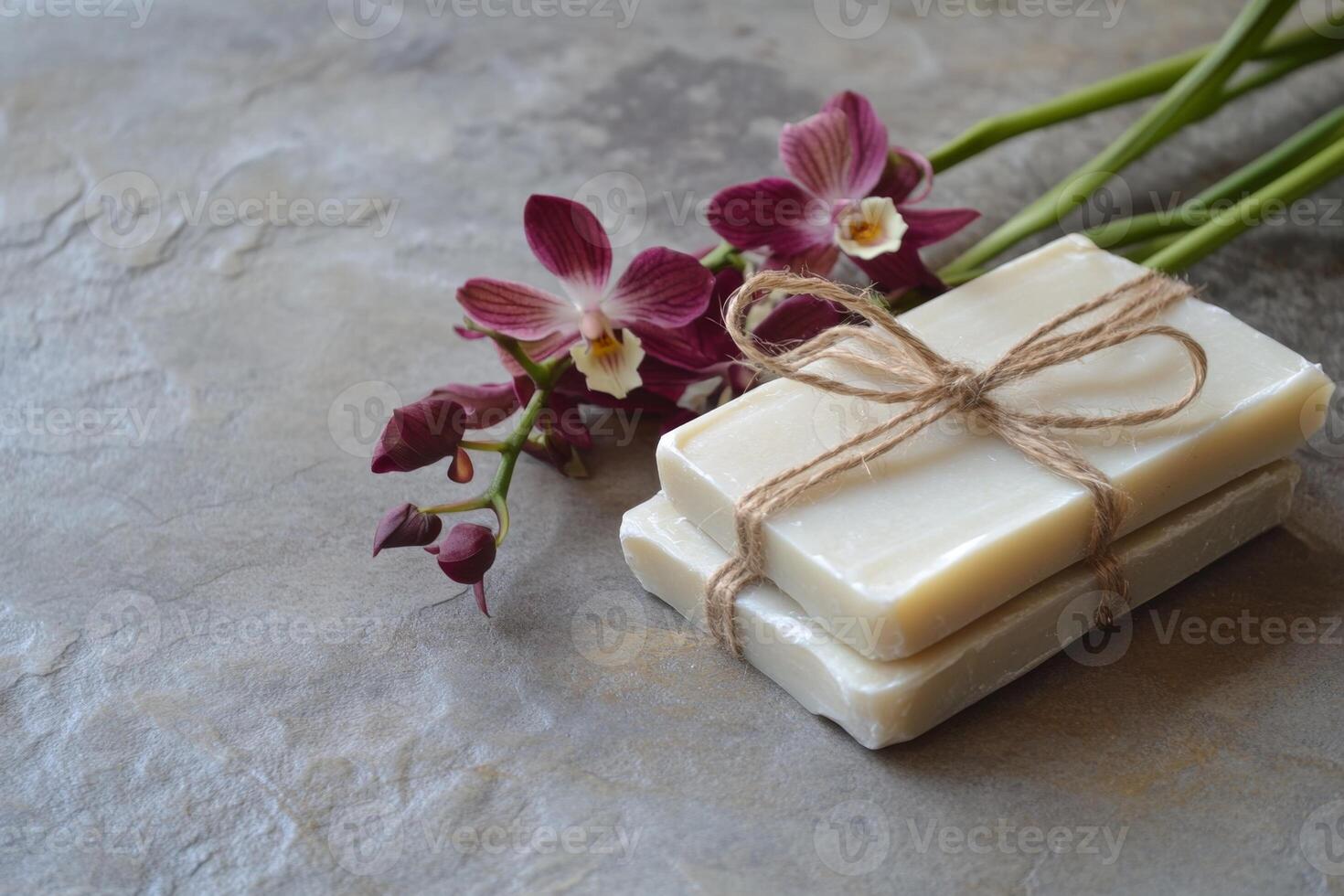 Handcrafted natural soap bars with orchids on stone background photo