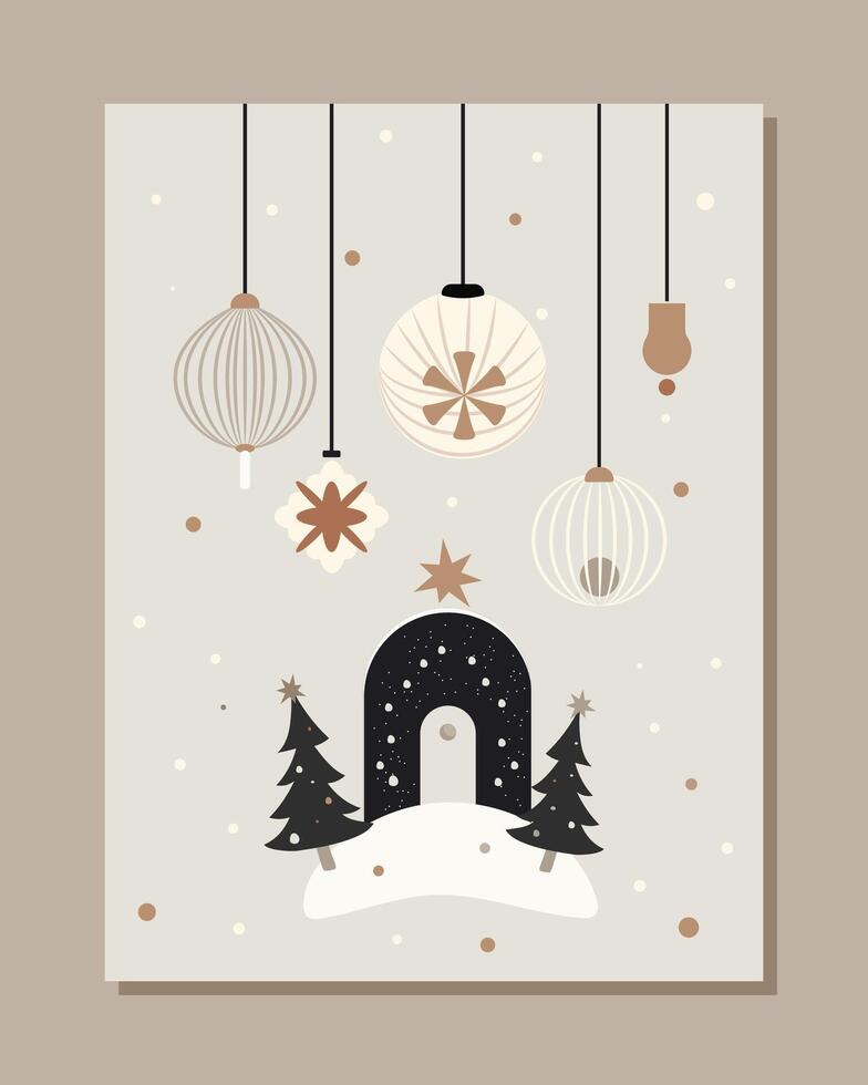 stylish simple christmas card with dark building and tree toys in minimalist style. graphic art for xmas greetings vector