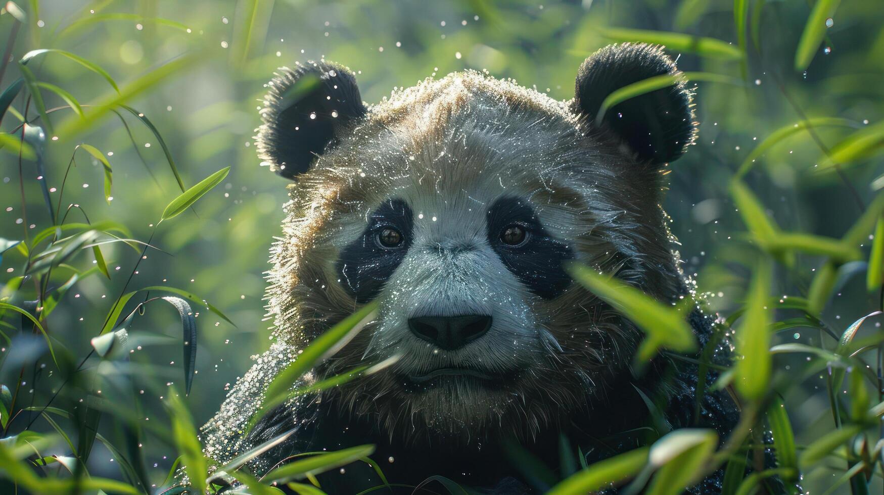 a close up of a panda in a field of grass photo