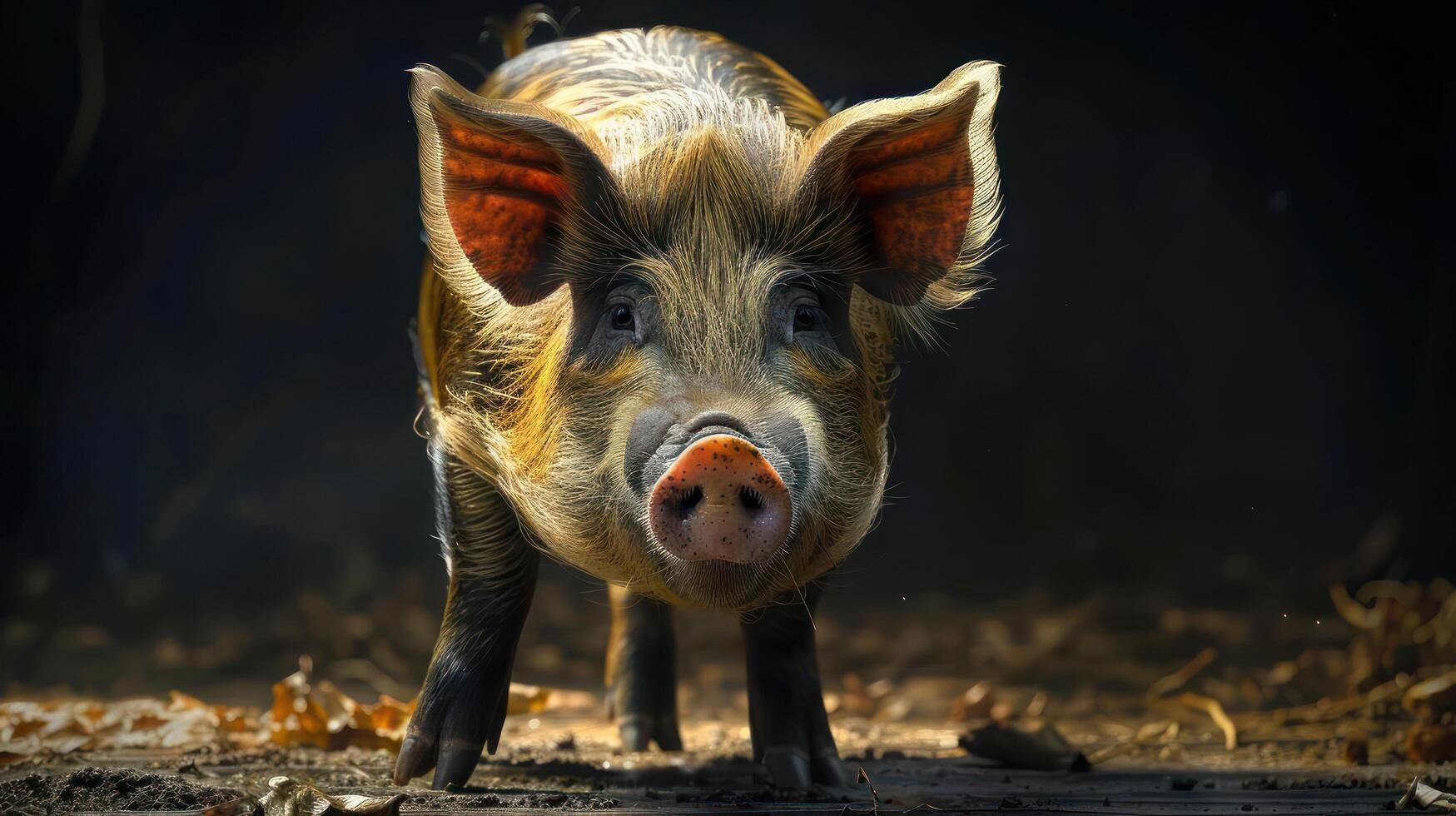 a small pig standing on top of a dirt field photo