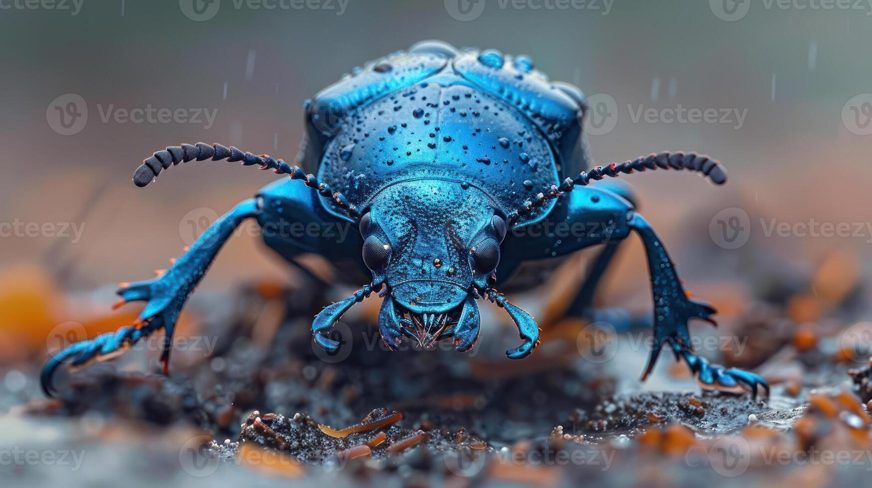 a close up of a blue bug on the ground photo