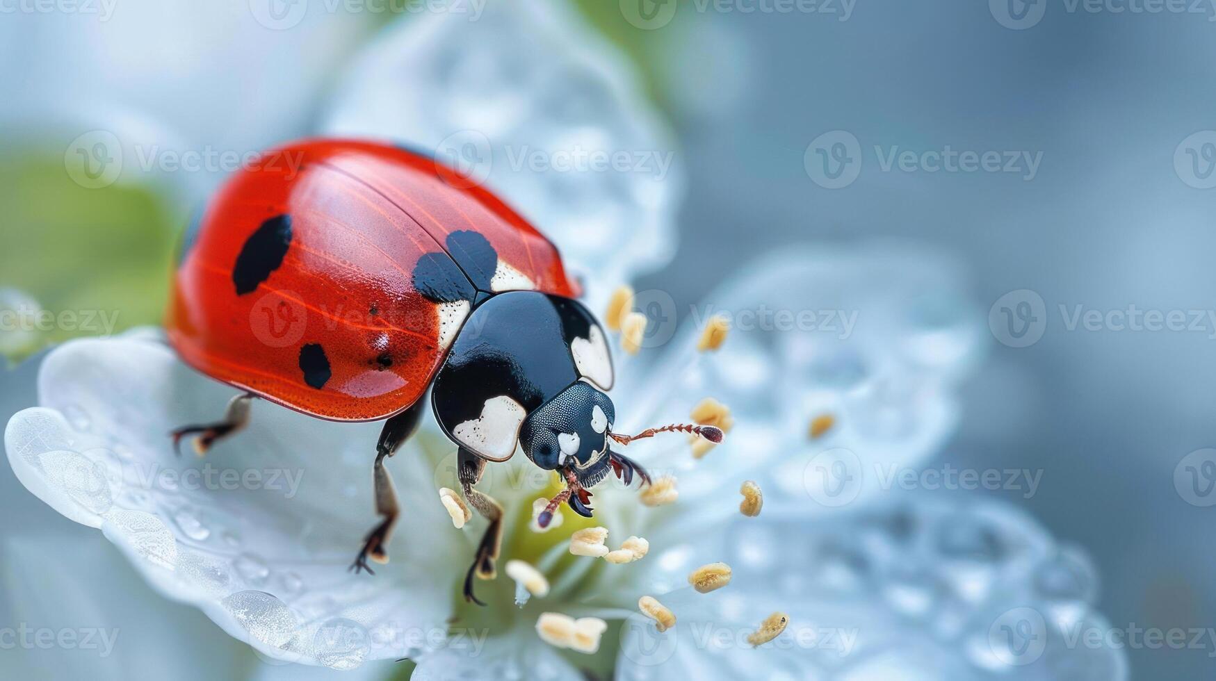 a lady bug sitting on top of a white flower photo