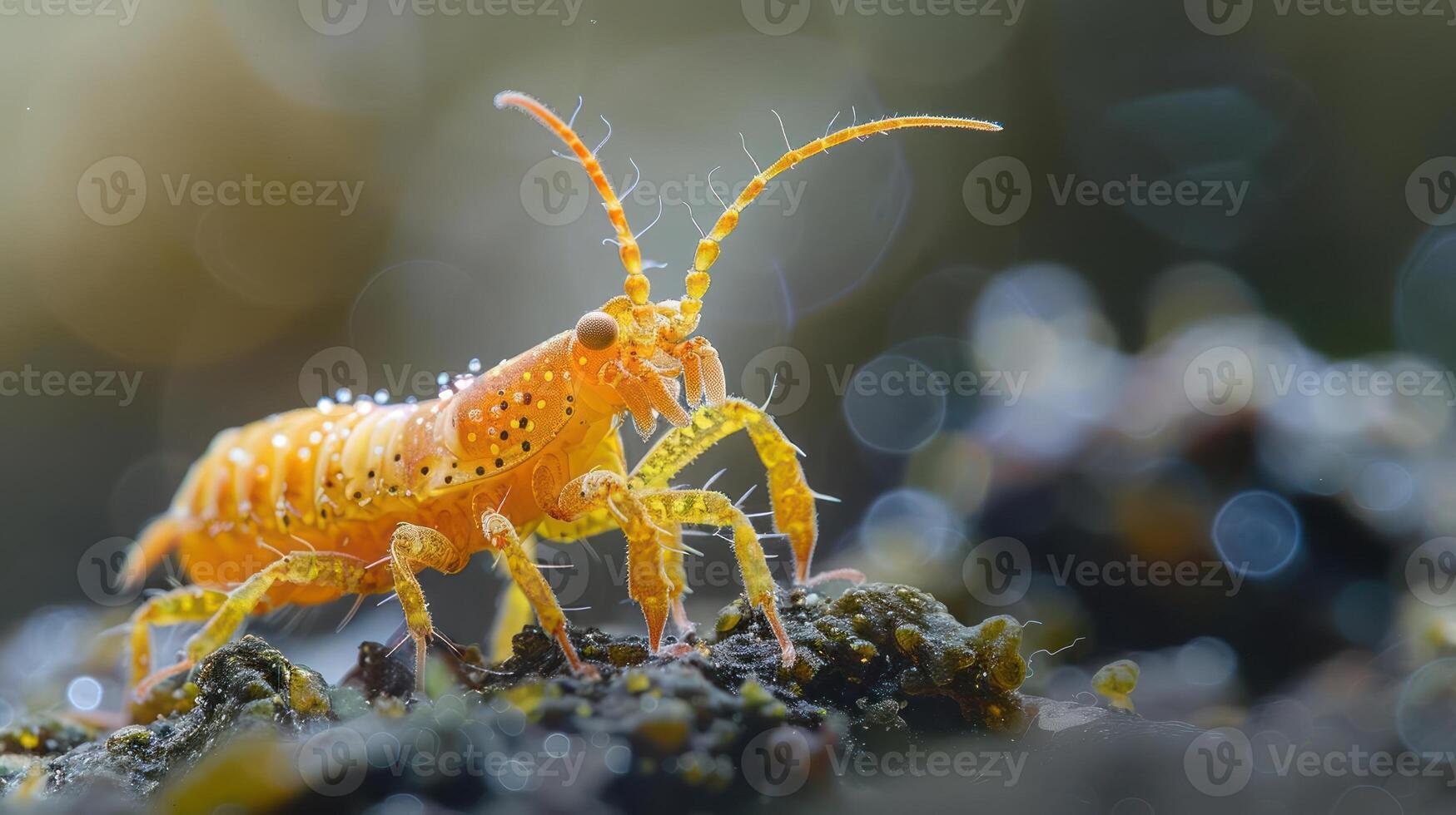 a close up of a small orange insect on a rock photo
