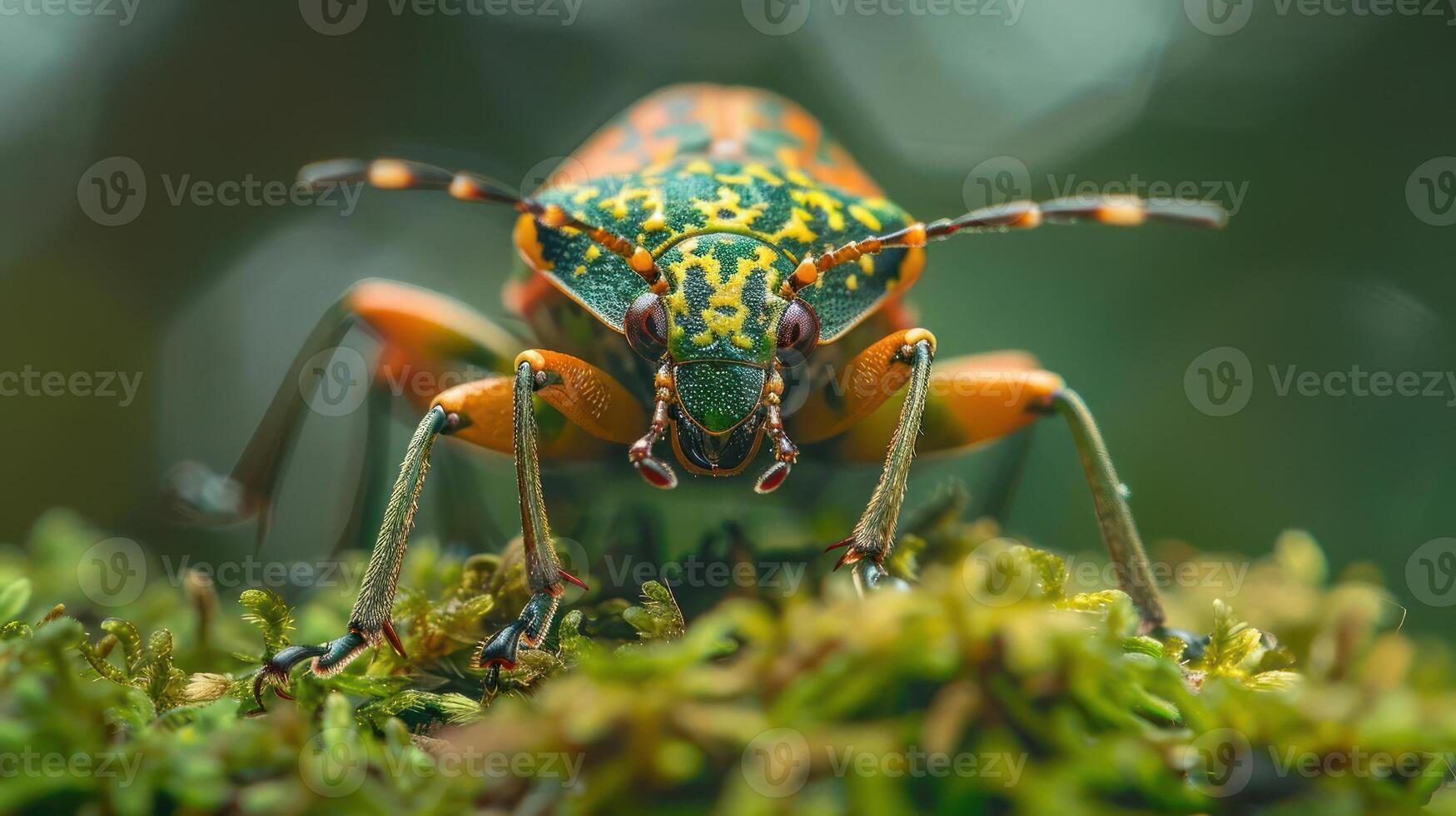 a close up of a green and yellow bug photo