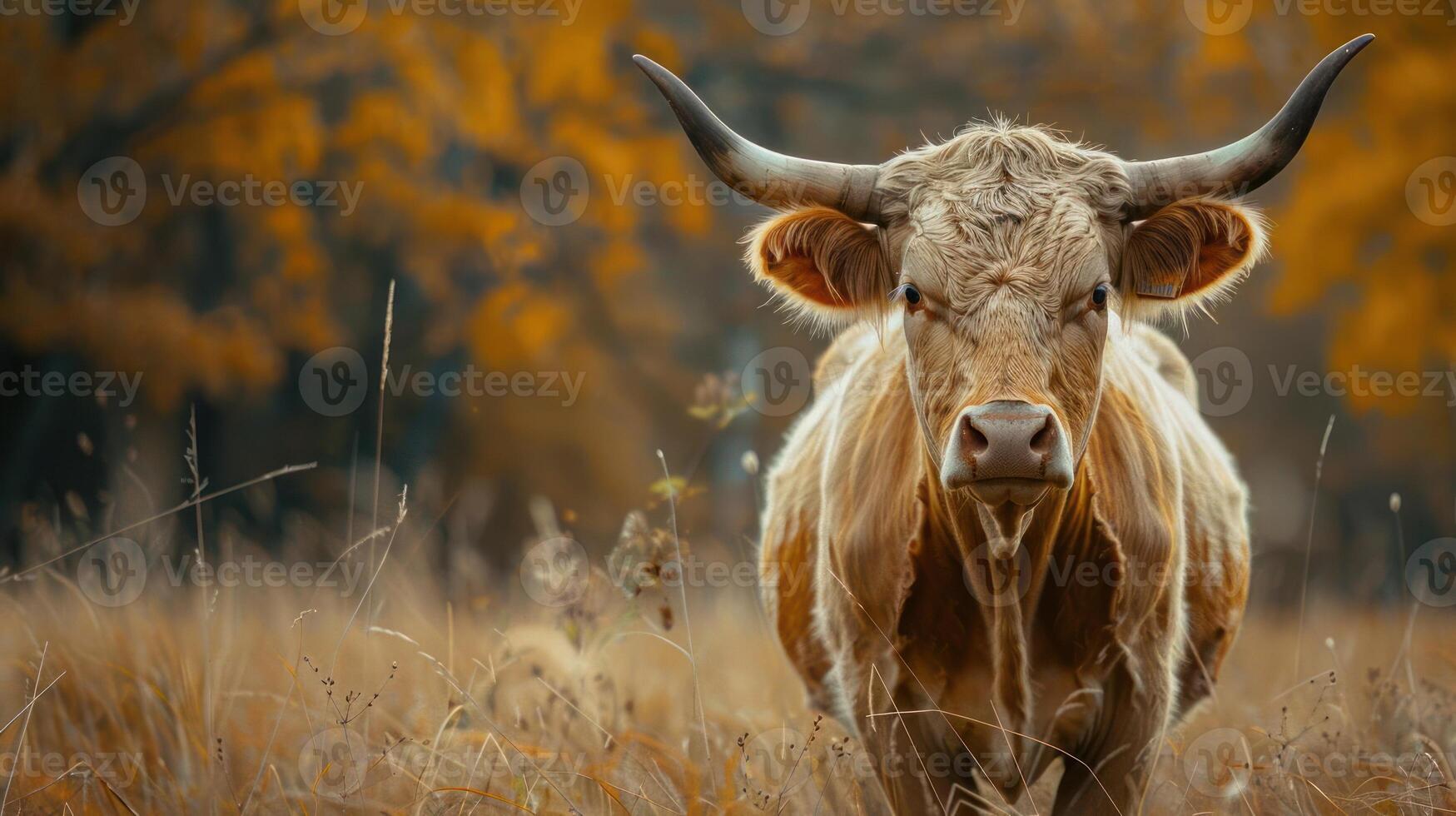 a cow with horns standing in a field of tall grass photo
