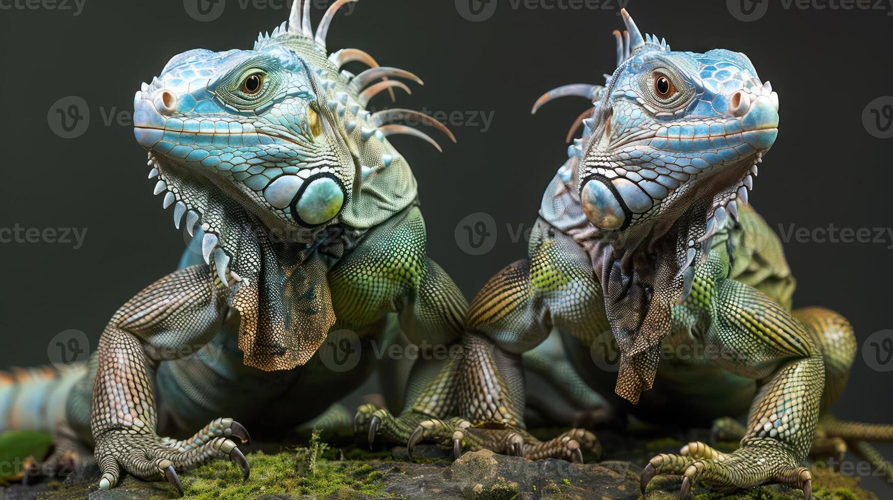 two large lizards sitting on top of a rock photo