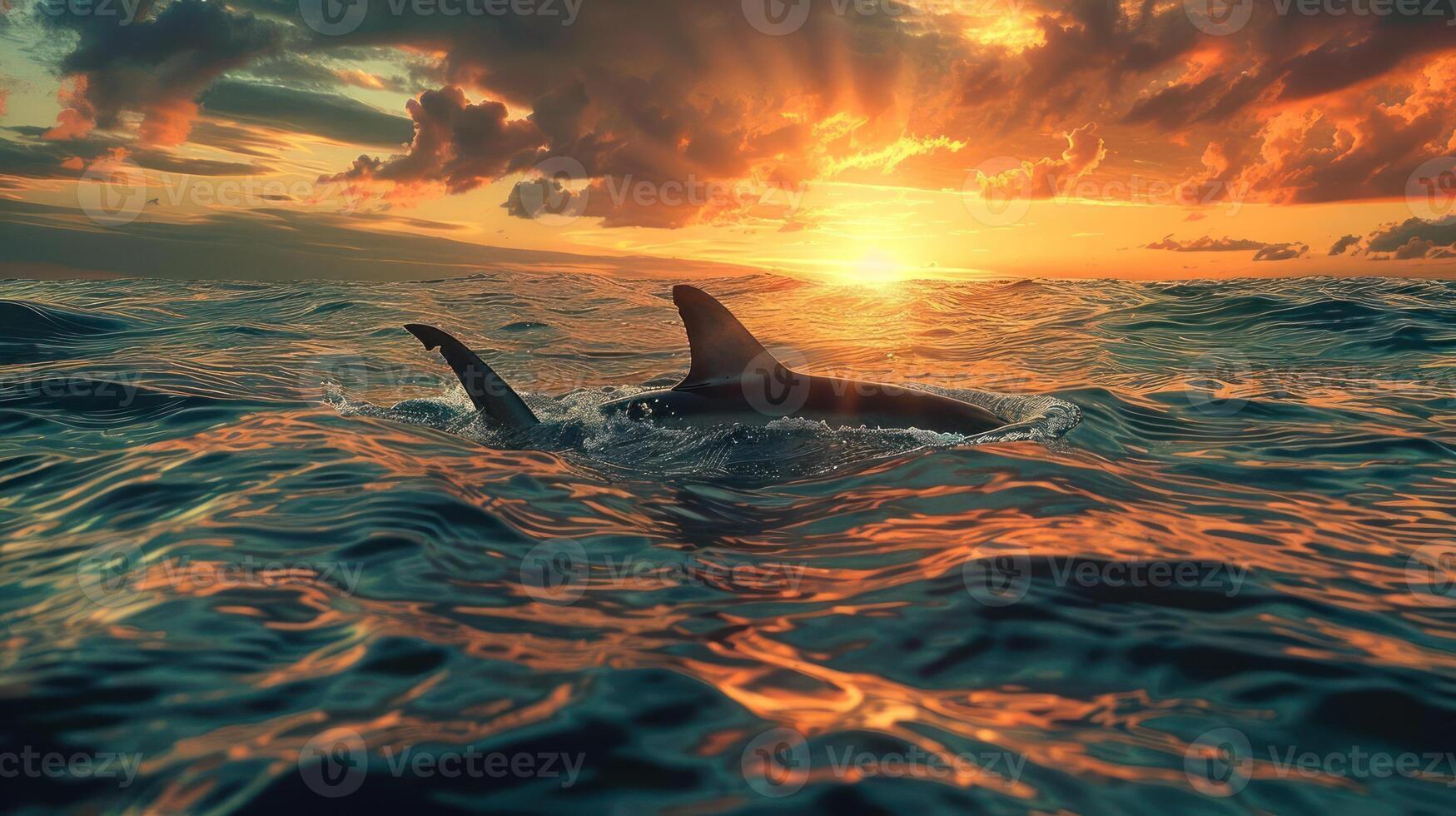 a dolphin swimming in the ocean at sunset photo