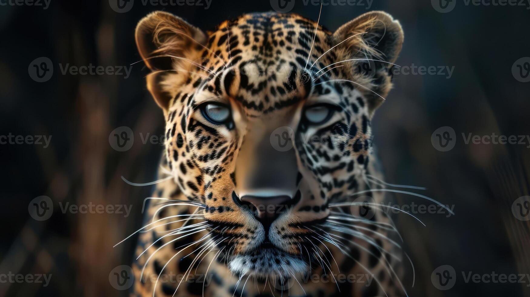 a close up of a leopard's face with a blurry background photo