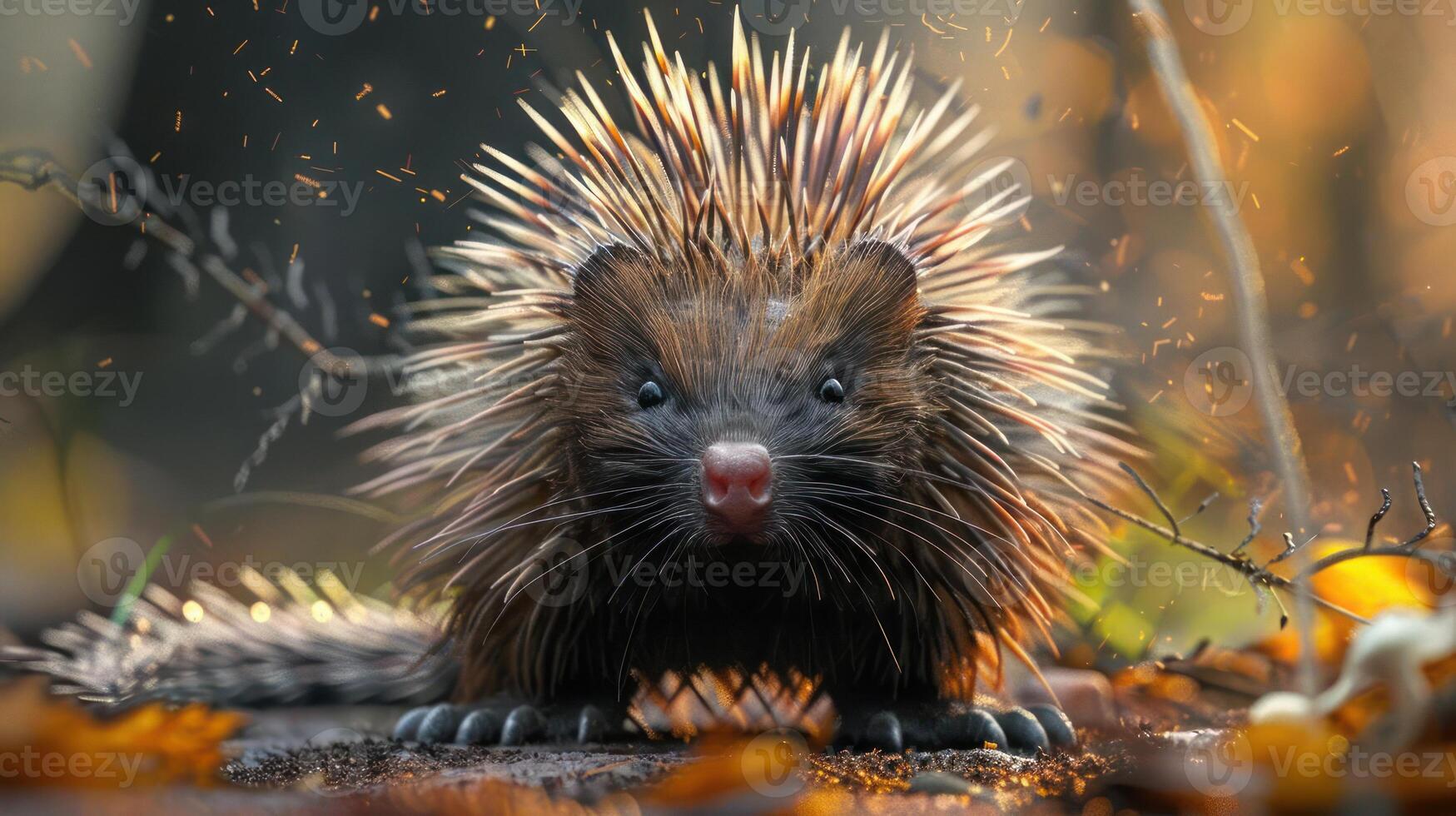 a porcupine is sitting on the ground in a forest photo
