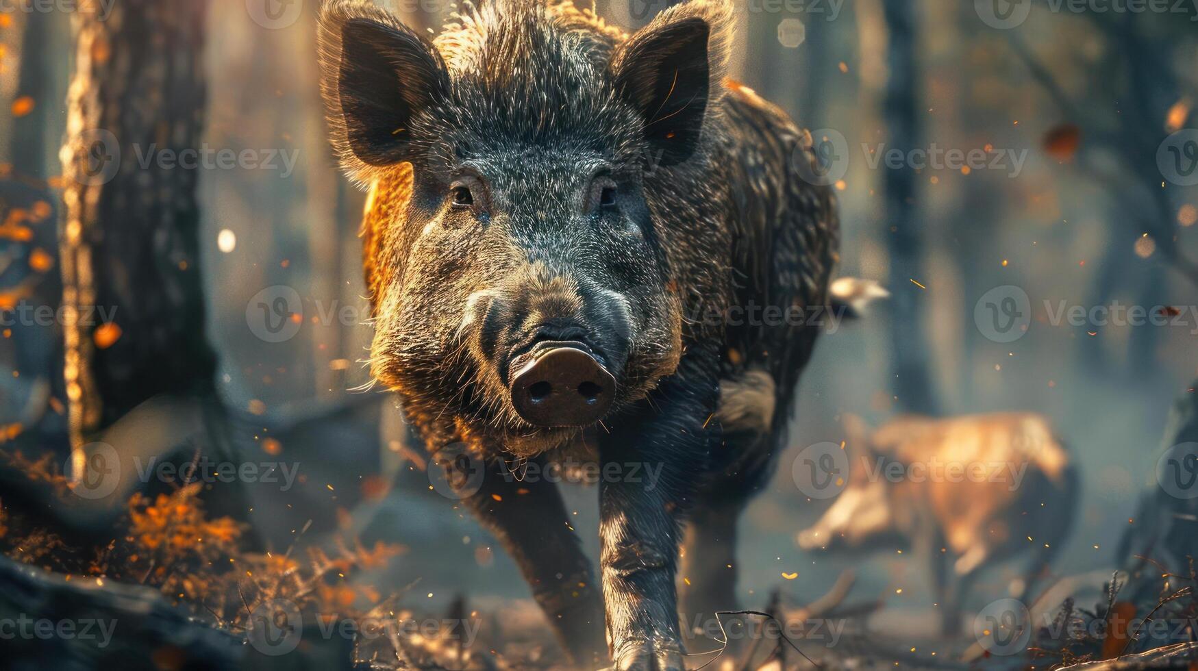 a wild boar walking through a wooded area photo