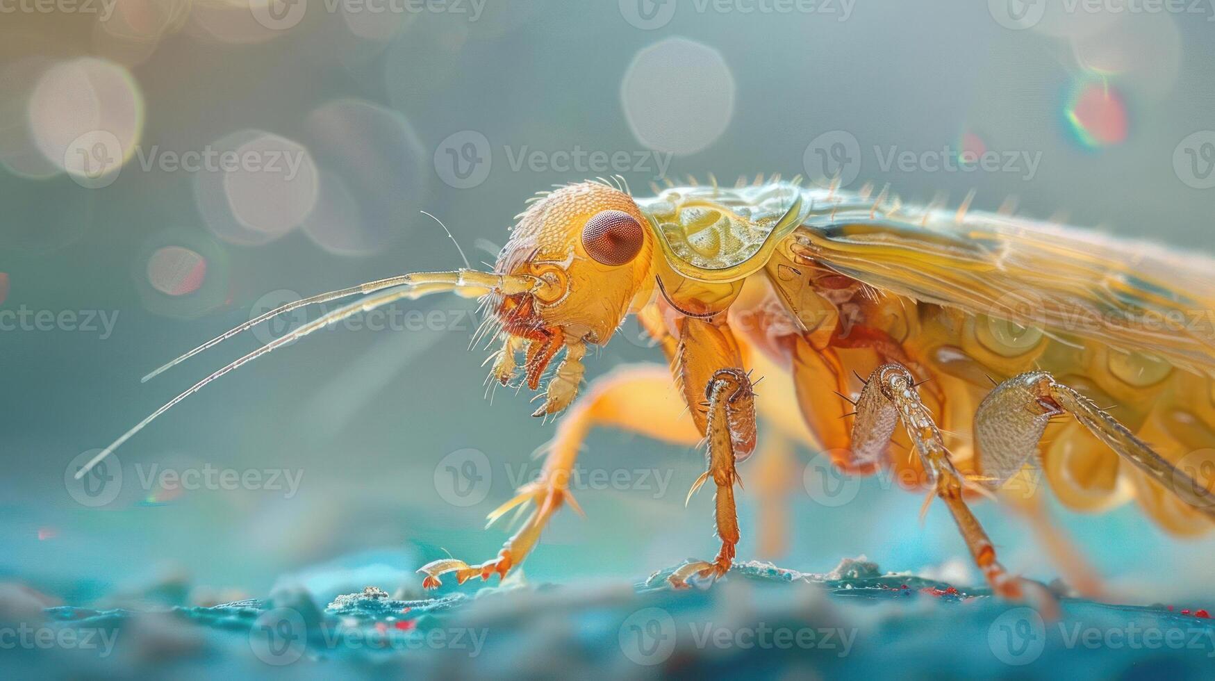 a close up of a yellow insect on a blue surface photo