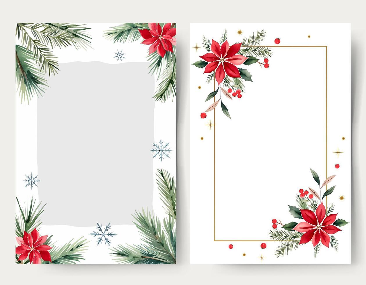 New year frames. Watercolor blank christmas cards with plants, flowers and snowflakes. Fir branches, berries. vector