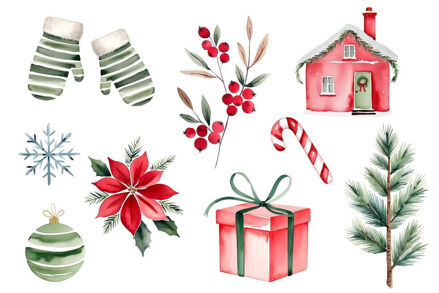 Watercolor christmas set. Fir, christmas flower, snowflakes, berries, house, gift and mittens. vector