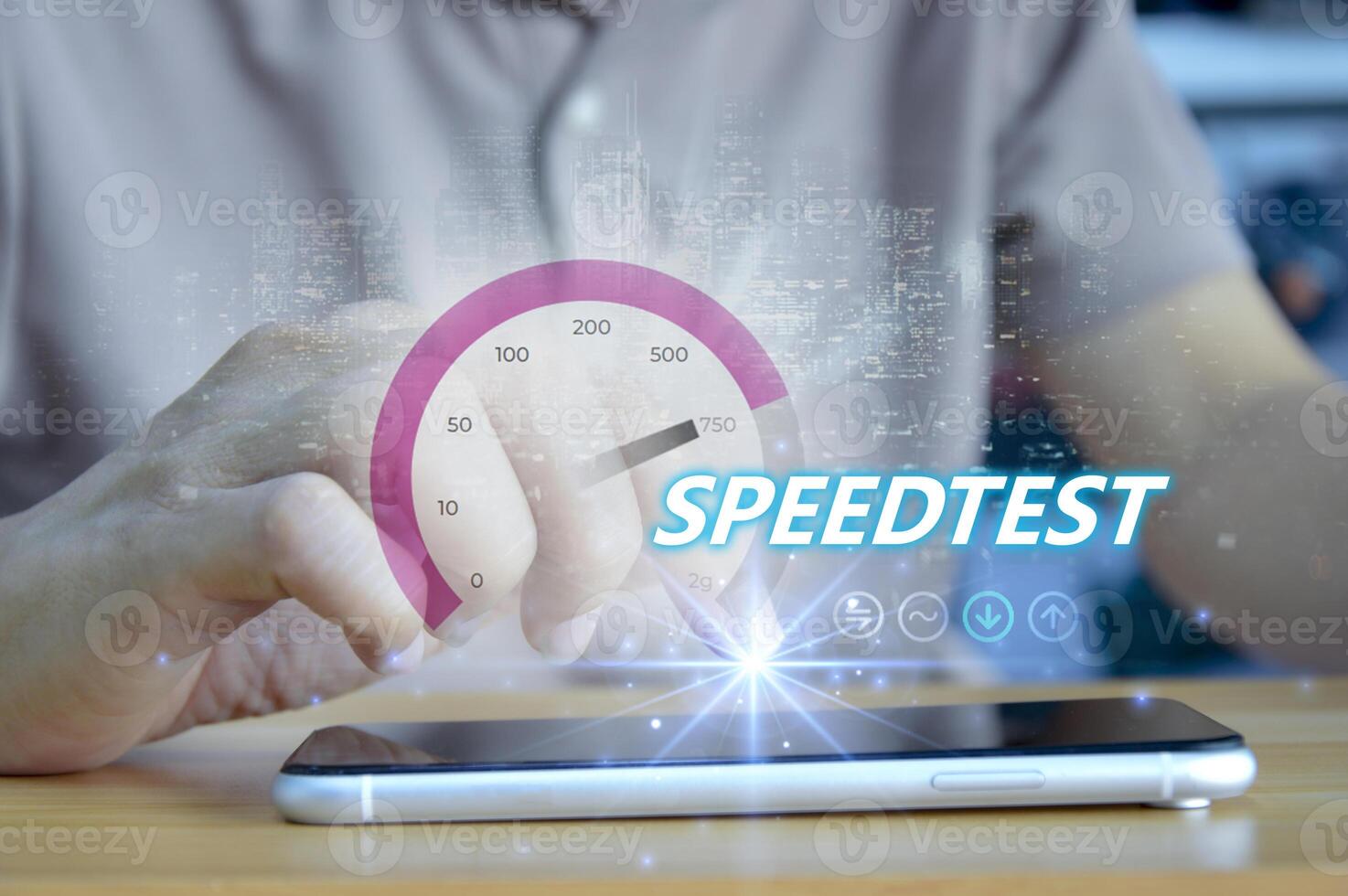fast internet connection speedtest network bandwidth technology Man using high speed internet with smartphone and laptop computer. 5G quality, speed optimization. photo