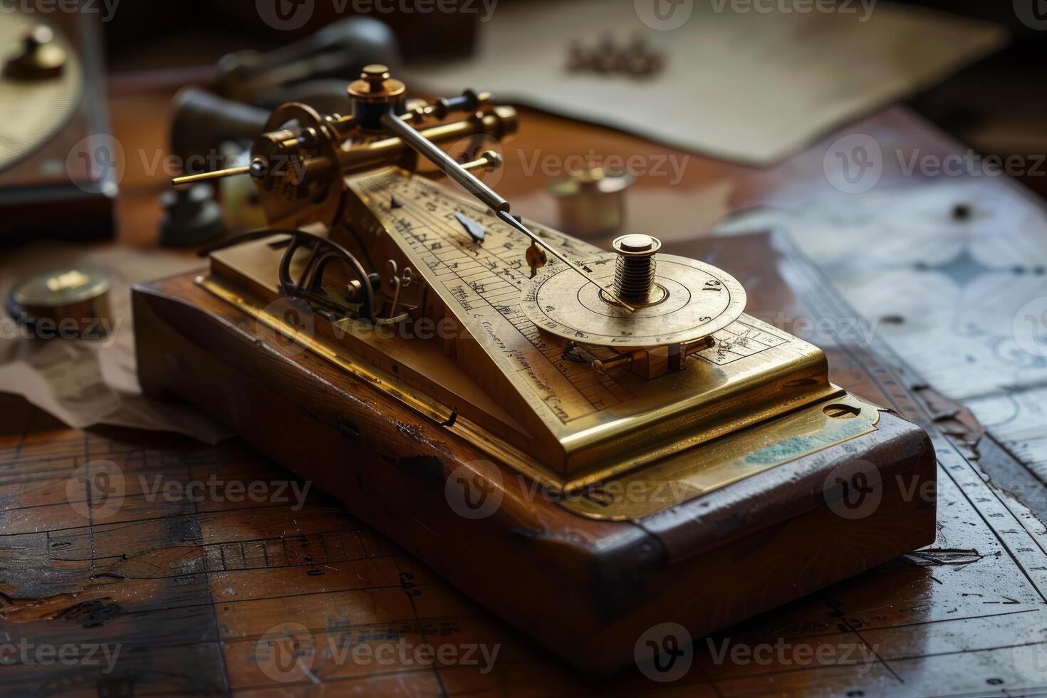 Antique tide predicting machine sitting on desk with nautical charts photo