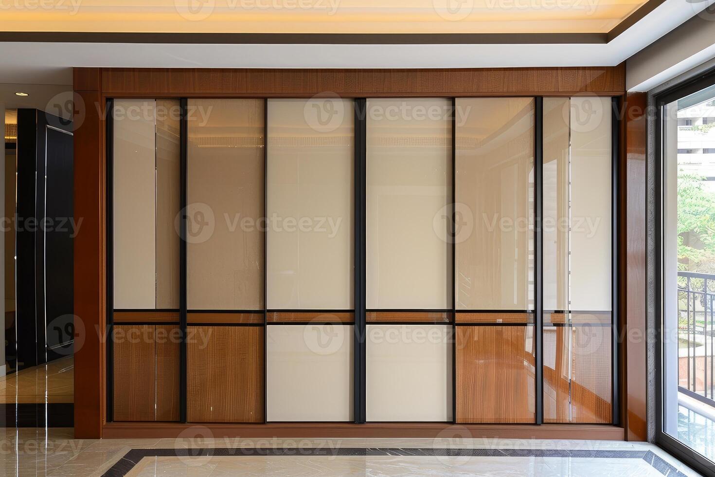 Modern empty wardrobe closet with sliding doors in luxury apartment photo