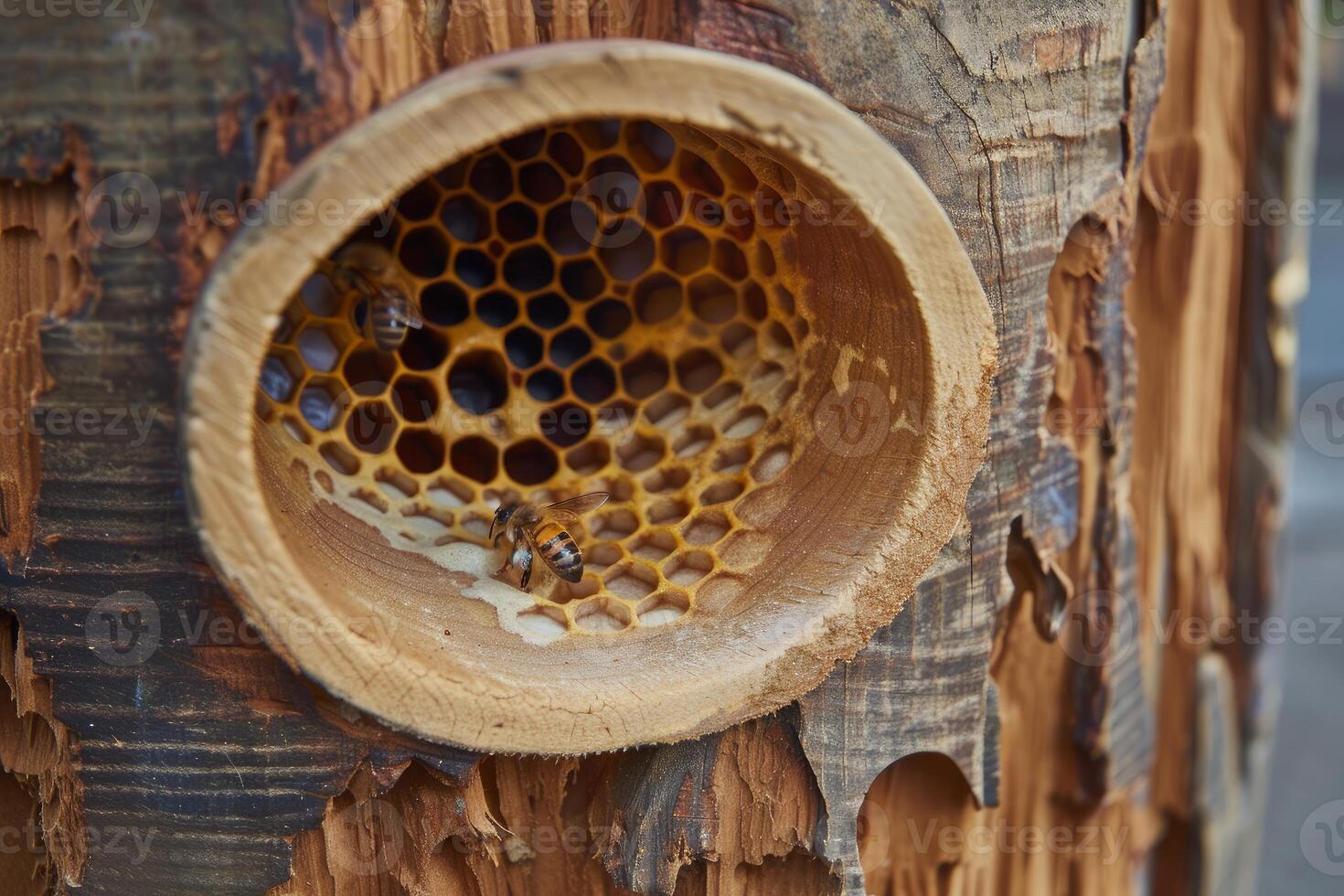 Bees working on honeycomb in log beehive photo