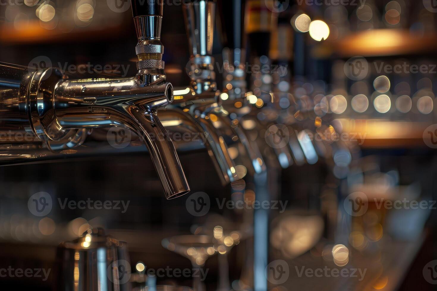 Row of shiny beer taps in empty bar waiting for customers photo