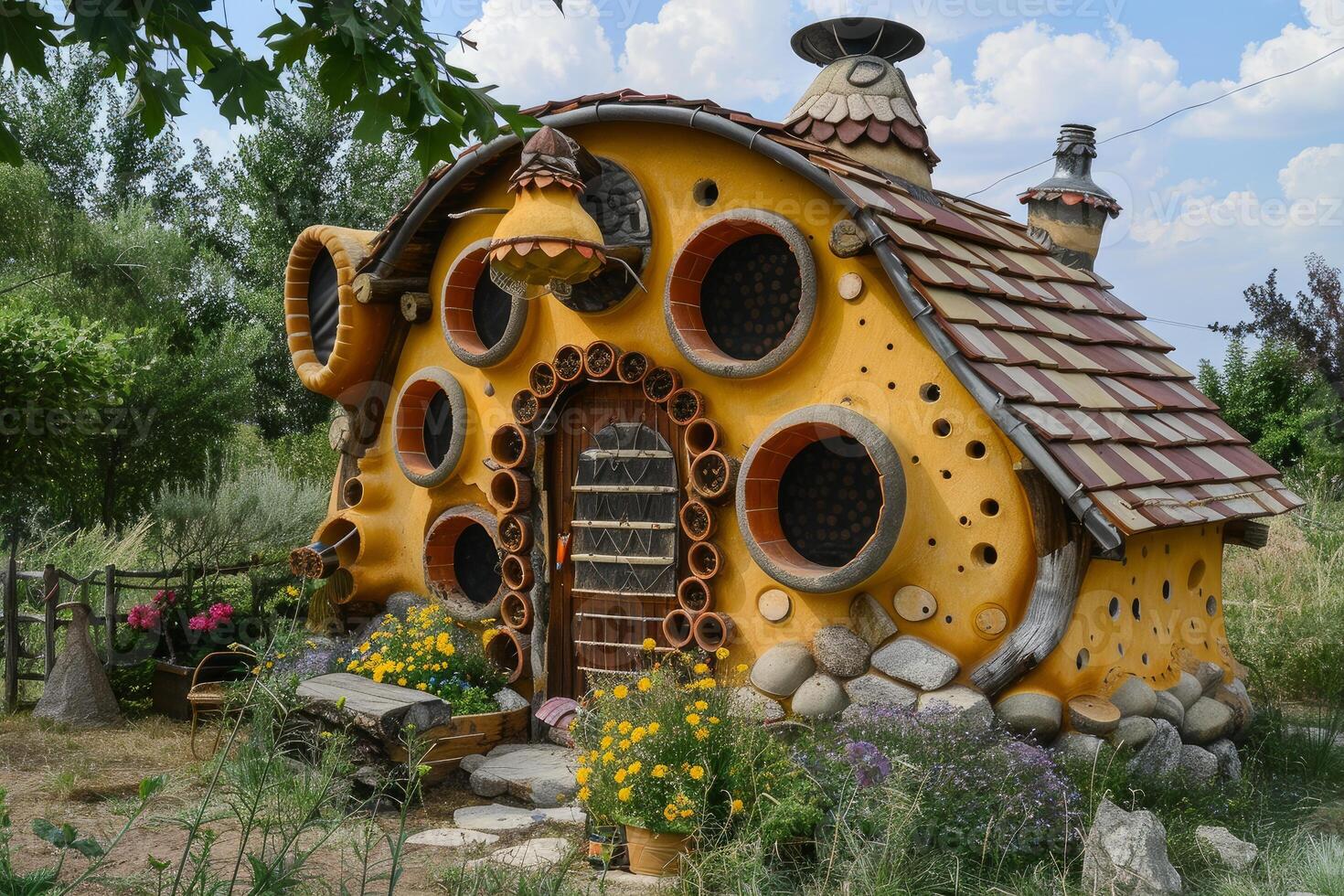 Fairytale clay hut standing in a garden on a sunny day photo