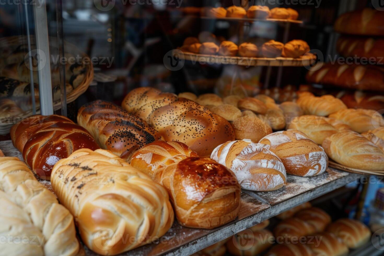 Fresh baked breads are cooling on a shelf in a bakery display case photo